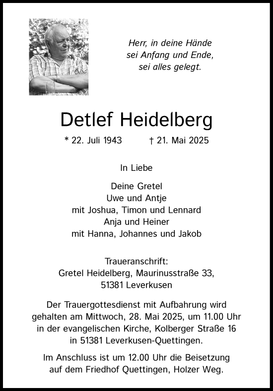 Anzeige von Detlef Heidelberg von Kölner Stadt-Anzeiger / Kölnische Rundschau / Express