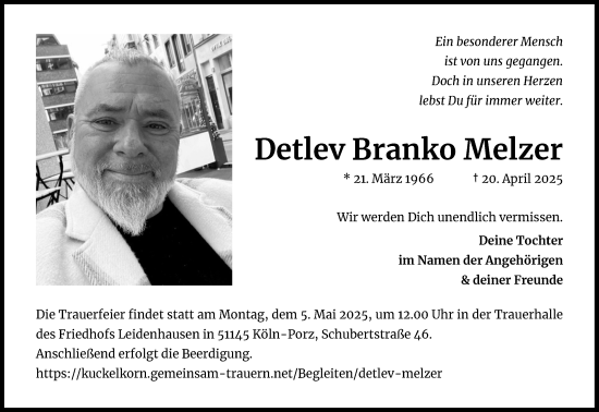 Anzeige von Detlev Branko Melzer von Kölner Stadt-Anzeiger / Kölnische Rundschau / Express