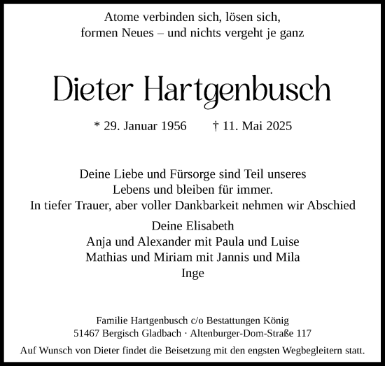 Anzeige von Dieter Hartgenbusch von Kölner Stadt-Anzeiger / Kölnische Rundschau / Express