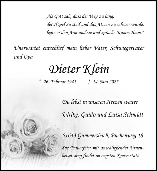 Anzeige von Dieter Klein von  Anzeigen Echo 