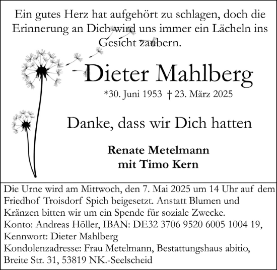 Anzeige von Dieter Mahlberg von  Extra Blatt 