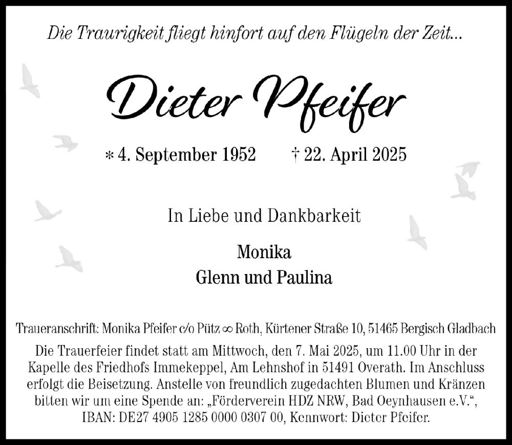  Traueranzeige für Dieter Pfeifer vom 02.05.2025 aus  Bergisches Handelsblatt 
