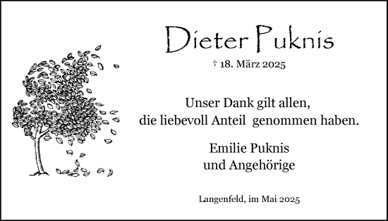 Anzeige von Dieter Puknis von Kölner Stadt-Anzeiger / Kölnische Rundschau / Express