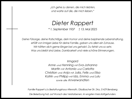 Anzeige von Dieter Rappert von Kölner Stadt-Anzeiger / Kölnische Rundschau / Express