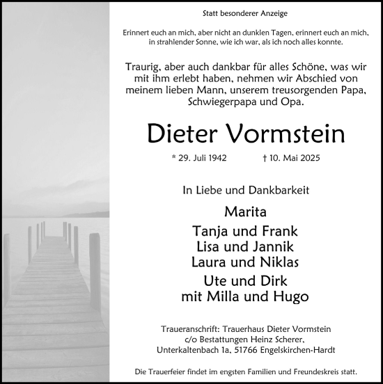 Anzeige von Dieter Vormstein von  Anzeigen Echo 