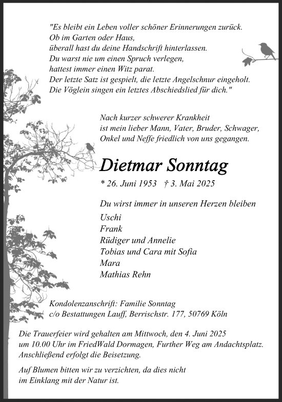 Anzeige von Dietmar Sonntag von Kölner Stadt-Anzeiger / Kölnische Rundschau / Express