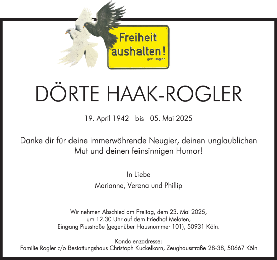 Anzeige von Dörte Haak-Rogler von Kölner Stadt-Anzeiger / Kölnische Rundschau / Express