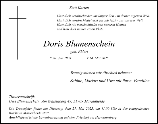 Anzeige von Doris Blumenschein von  Anzeigen Echo 