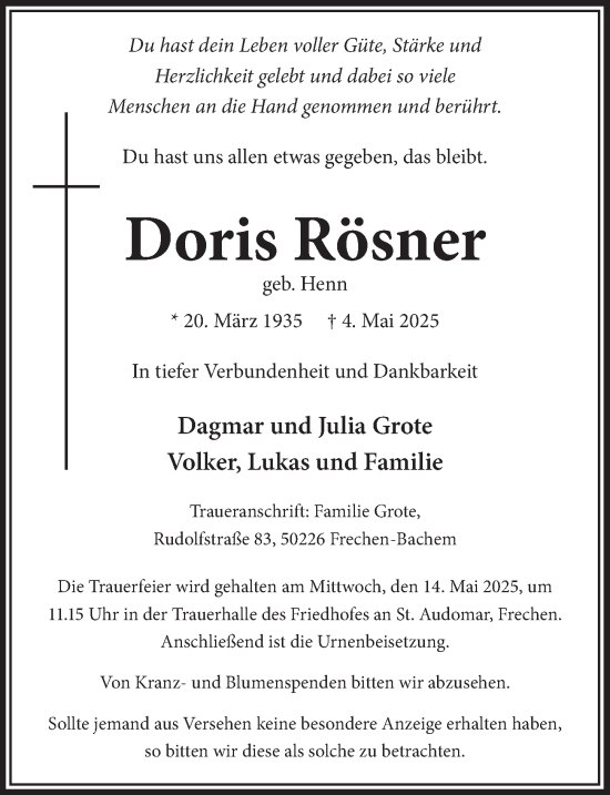 Anzeige von Doris Rösner von  Wochenende 
