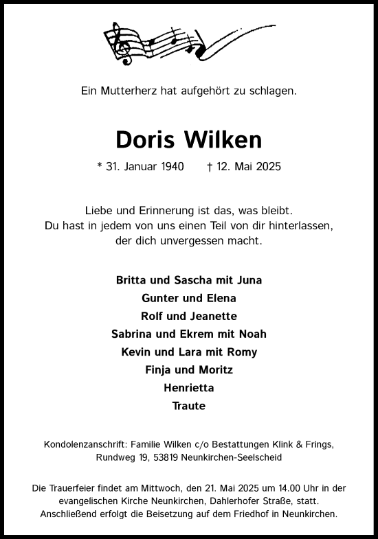 Anzeige von Doris Wilken von Kölner Stadt-Anzeiger / Kölnische Rundschau / Express