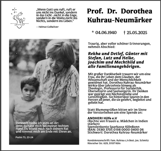 Anzeige von Dorothea Kuhrau-Neumärker von Kölner Stadt-Anzeiger / Kölnische Rundschau / Express