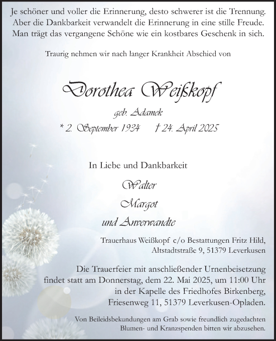 Anzeige von Dorothea Weißkopf von Kölner Stadt-Anzeiger / Kölnische Rundschau / Express