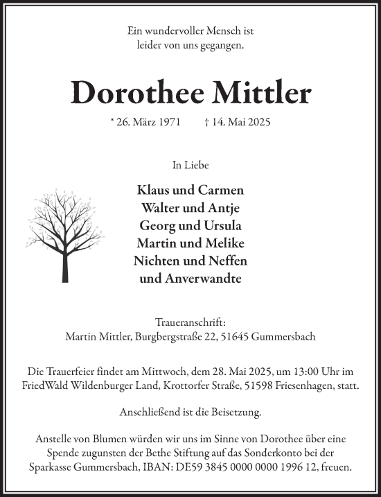 Anzeige von Dorothee Mittler von  Anzeigen Echo 