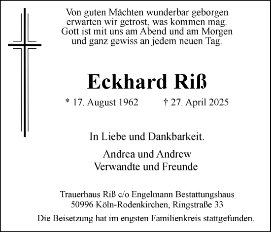 Anzeige von Eckhard Riß von Kölner Stadt-Anzeiger / Kölnische Rundschau / Express