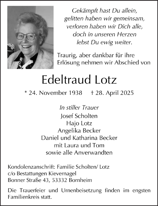 Anzeige von Edeltraud Lotz von  Schaufenster/Blickpunkt 
