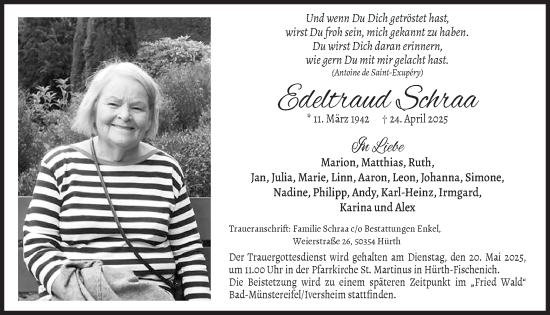 Anzeige von Edeltraud Schraa von  Wochenende 