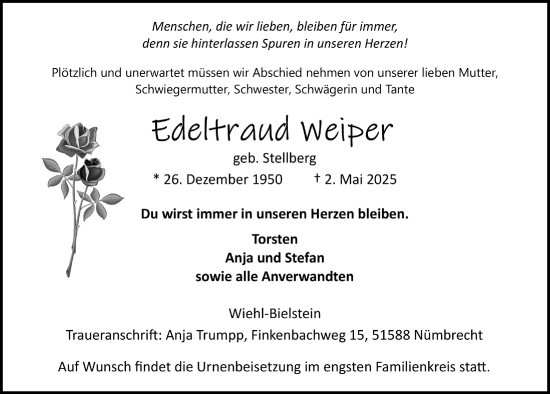 Anzeige von Edeltraud Weiper von  Anzeigen Echo 