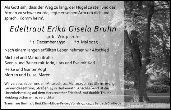 Anzeige von Edeltraut Erika Gisela Bruhn von  Bergisches Handelsblatt 