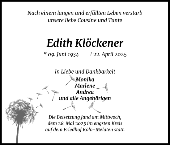 Anzeige von Edith Klöckener von Kölner Stadt-Anzeiger / Kölnische Rundschau / Express