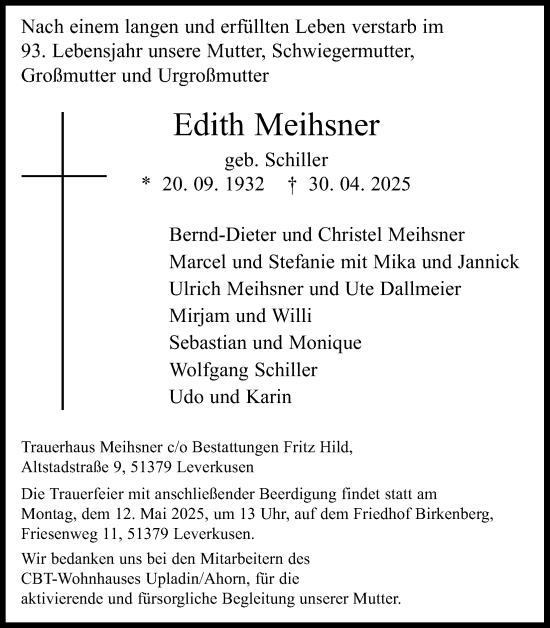 Anzeige von Edith Meihsner von Kölner Stadt-Anzeiger / Kölnische Rundschau / Express