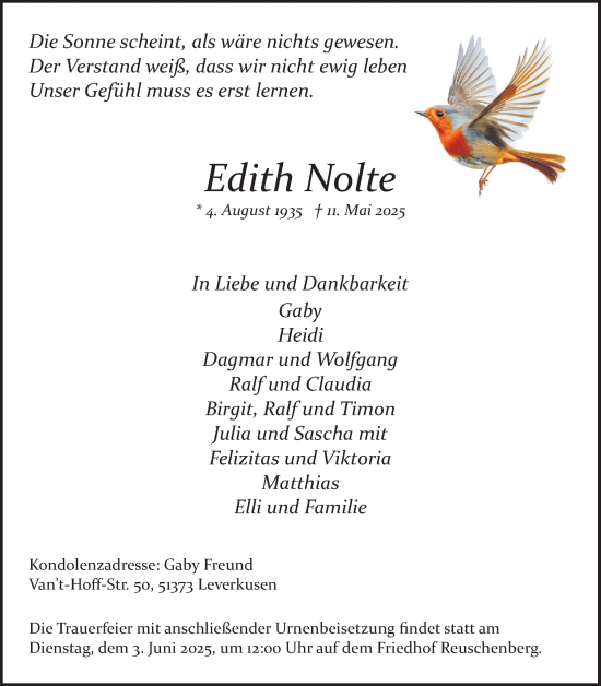 Anzeige von Edith Nolte von Kölner Stadt-Anzeiger / Kölnische Rundschau / Express