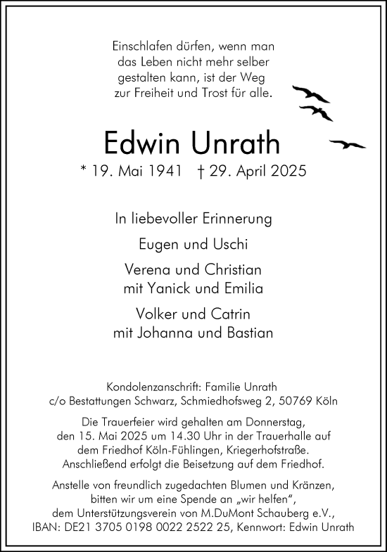 Anzeige von Edwin Unrath von Kölner Stadt-Anzeiger / Kölnische Rundschau / Express