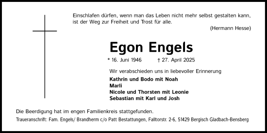 Anzeige von Egon Engels von Kölner Stadt-Anzeiger / Kölnische Rundschau / Express