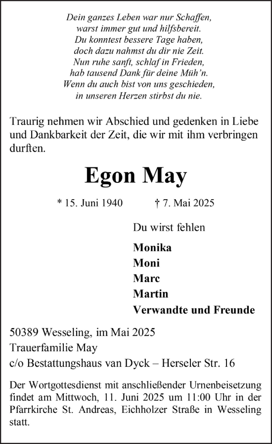 Anzeige von Egon May von  Schlossbote/Werbekurier 