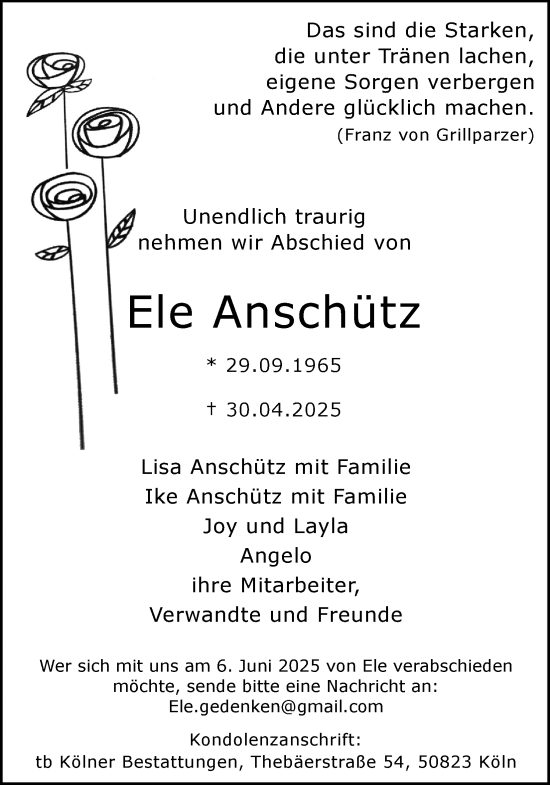 Anzeige von Ele Anschütz von Kölner Stadt-Anzeiger / Kölnische Rundschau / Express