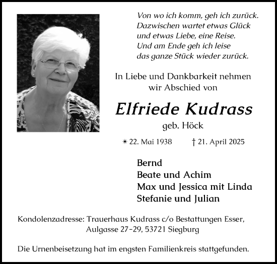 Anzeige von Elfriede Kudrass von Kölner Stadt-Anzeiger / Kölnische Rundschau / Express