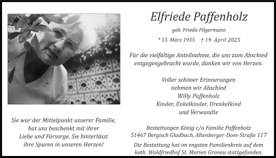 Anzeige von Elfriede Paffenholz von  Bergisches Handelsblatt 
