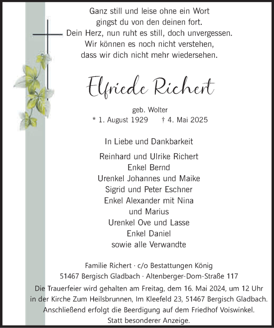 Anzeige von Elfriede Richert von  Bergisches Handelsblatt 