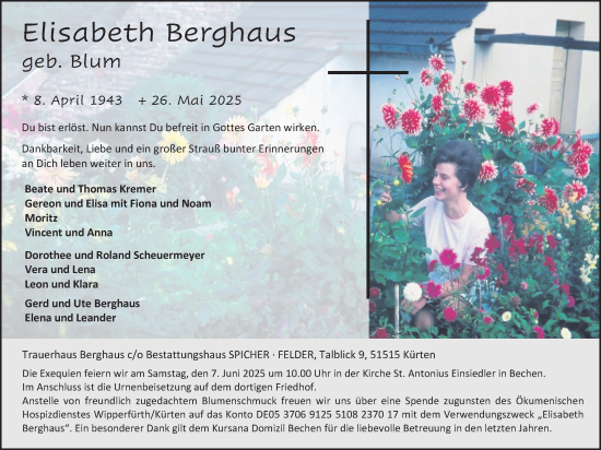 Anzeige von Elisabeth Berghaus von Kölner Stadt-Anzeiger / Kölnische Rundschau / Express