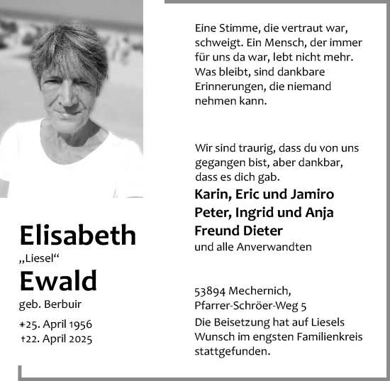 Anzeige von Elisabeth Ewald von  Blickpunkt Euskirchen 