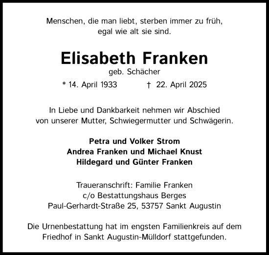 Anzeige von Elisabeth Franken von Kölner Stadt-Anzeiger / Kölnische Rundschau / Express
