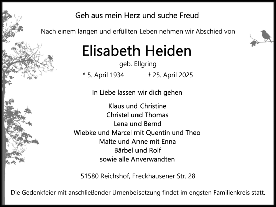 Anzeige von Elisabeth Heiden von Kölner Stadt-Anzeiger / Kölnische Rundschau / Express