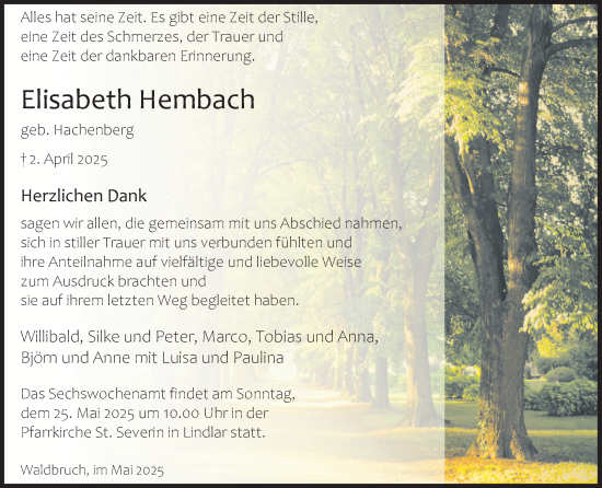 Anzeige von Elisabeth Hembach von Kölner Stadt-Anzeiger / Kölnische Rundschau / Express