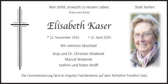 Anzeige von Elisabeth Kaser von Kölner Stadt-Anzeiger / Kölnische Rundschau / Express