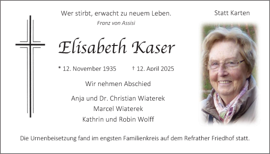 Anzeige von Elisabeth Kaser von  Bergisches Handelsblatt 