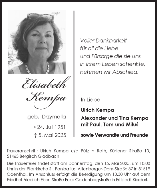 Anzeige von Elisabeth Kempa von  Bergisches Handelsblatt 