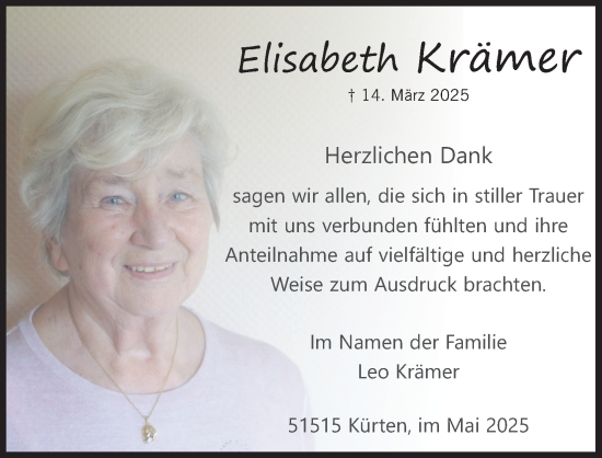 Anzeige von Elisabeth Krämer von Kölner Stadt-Anzeiger / Kölnische Rundschau / Express