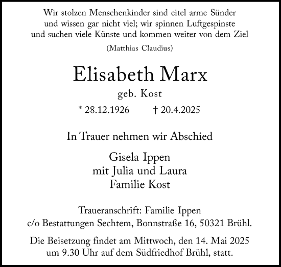 Anzeige von Elisabeth Marx von Kölner Stadt-Anzeiger / Kölnische Rundschau / Express