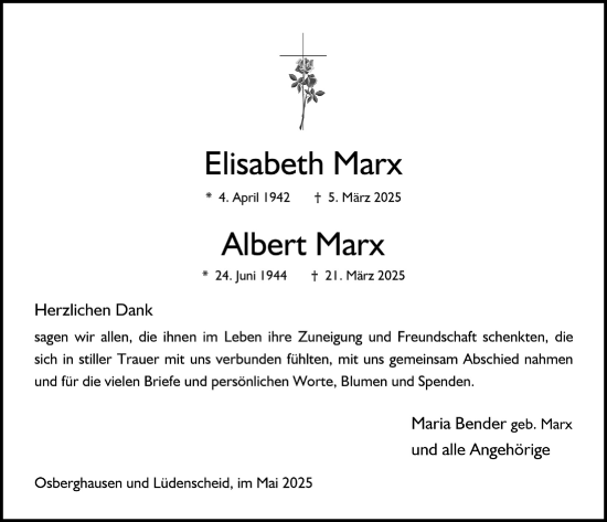 Anzeige von Elisabeth Marx von  Anzeigen Echo 