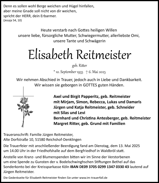Anzeige von Elisabeth Reitmeister von  Lokalanzeiger 