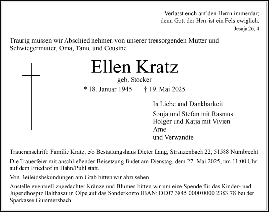 Anzeige von Ellen Kratz von  Lokalanzeiger 