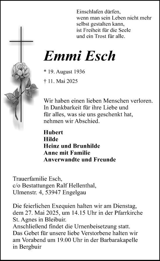 Anzeige von Emmi Esch von  Blickpunkt Euskirchen 