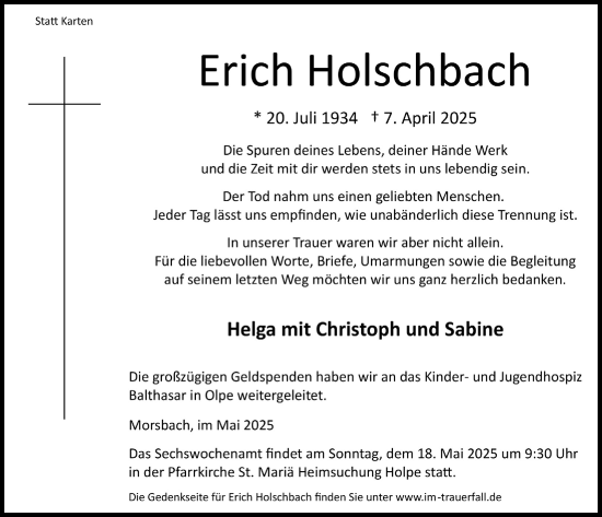 Anzeige von Erich Holschbach von  Lokalanzeiger 