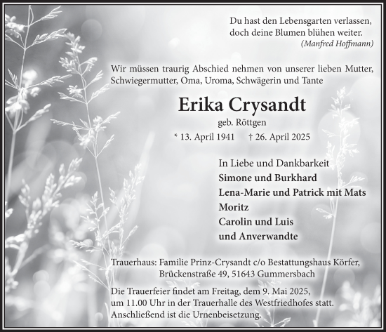 Anzeige von Erika Crysandt von  Anzeigen Echo 