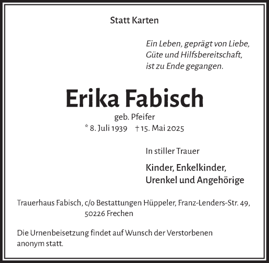 Anzeige von Erika Fabisch von  Wochenende 