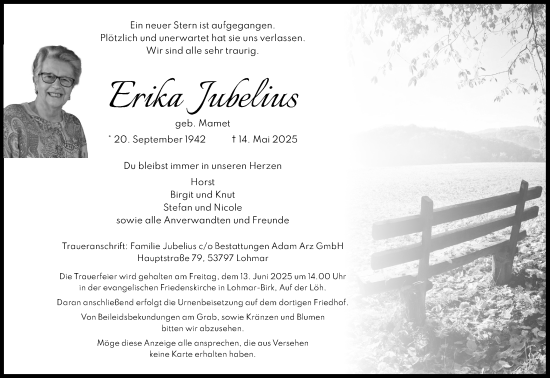 Anzeige von Erika Jubelius von Kölner Stadt-Anzeiger / Kölnische Rundschau / Express